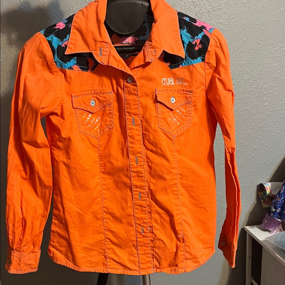 Cruel Girl Bright Orange Western Shirt with Colorful Accents